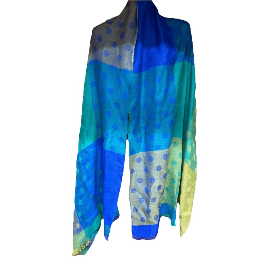 Artesania‎ Peru Baby Alpaca Silk Shawl Wrap Blue Green Polka Dot Fringe Scarf - Picture 2 of 4